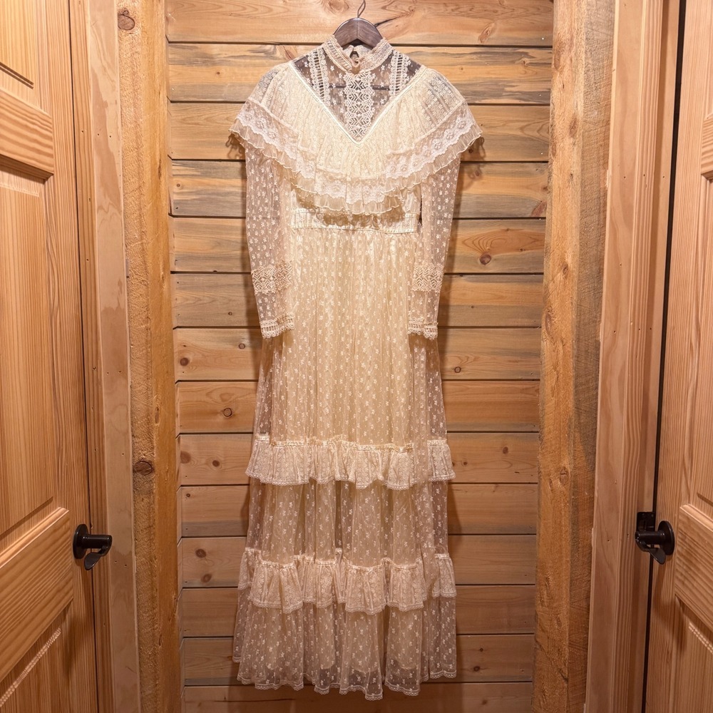 Vintage 70s Gunne Sax Romantic Renaissance Bridal Wedding Dress Lace Gown Sz 9